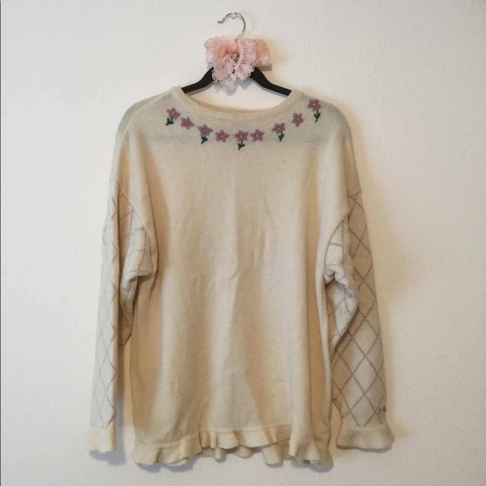 Bik Bok Cream Purple Floral Embroidered Ruffled Oversized Pullover Sweater